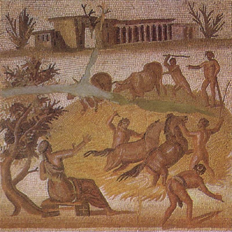 unknow artist Mosaic from the Roman villa at Zliten in Tripolitania showing horses and cattle threshing corn oil painting image